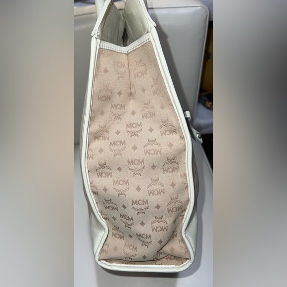 MCM Work Laptop Tote Bag Khaki Canvas MCM Visetos Logo Cream /Gray Leather Trim - Picture 5 of 13